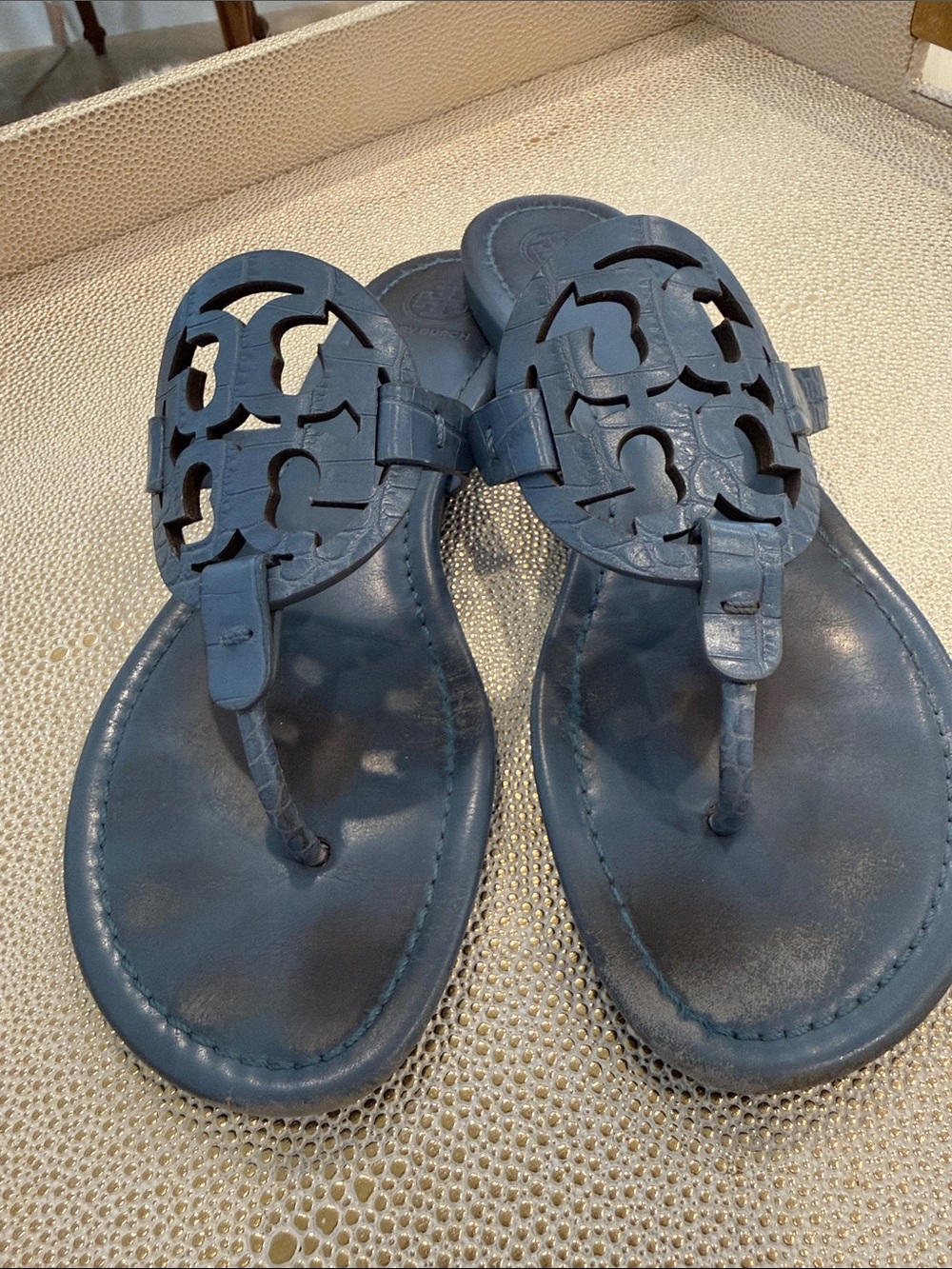 Tory Burch Blue Leather Miller Thong Sandals croc embossed 9